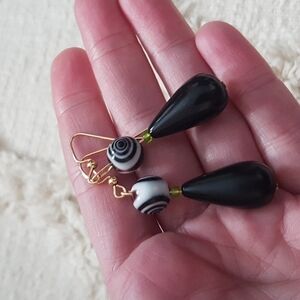 Upcycled handmade glass swirl  black tear drop dangle earrings
